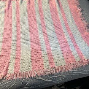 Crocheted Pink and White Striped Baby Blanket
